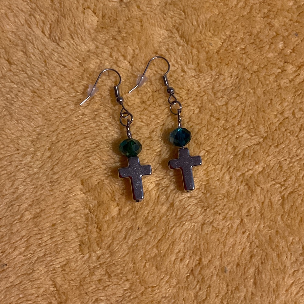 Silver Cross Earrings with Green Beads